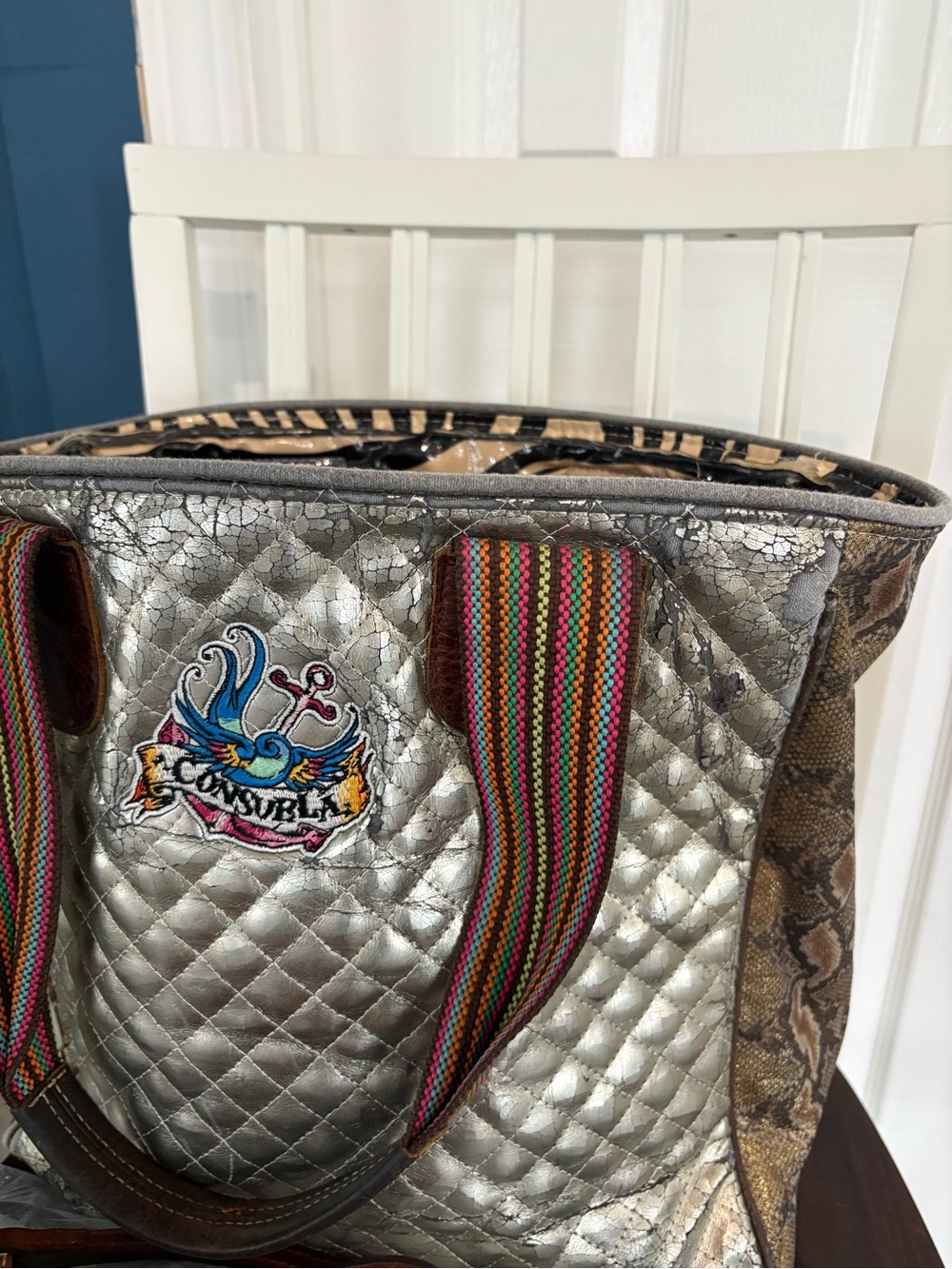 Consuela Metallic Silver Quilted Tote with Snake-Print Sides - Picture 8 of 8